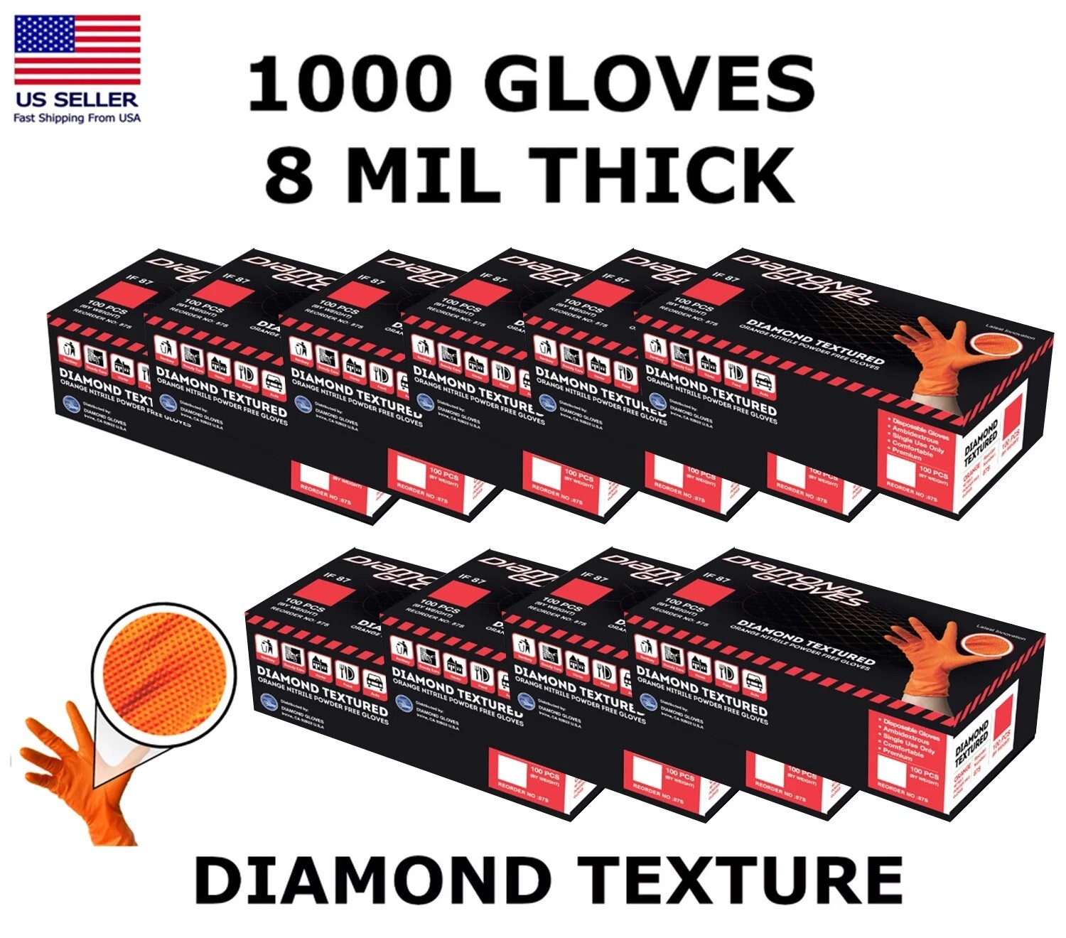 8 Mil Orange Heavy Duty Nitrile Diamond Textured Gloves Case 1000 PCS – S M L XL