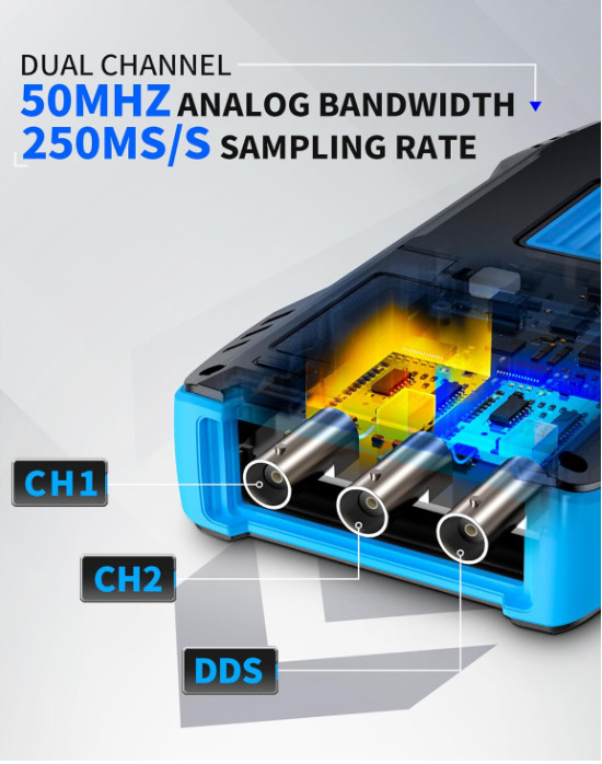 Osciloscopio 3 en 1 50MHz 2CH, Multímetro 19999 Cuentas y Generador DDS 250MSa/s