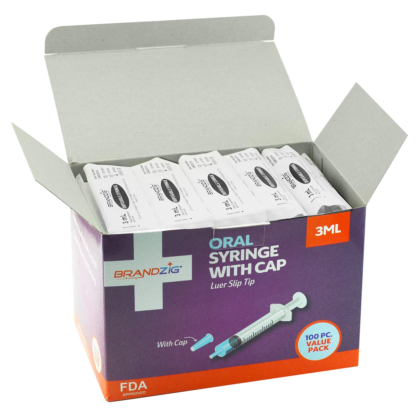 3ml Syringe With Cap 100 Pack | Oral Dispenser Without Needle, Luer Slip Tip |