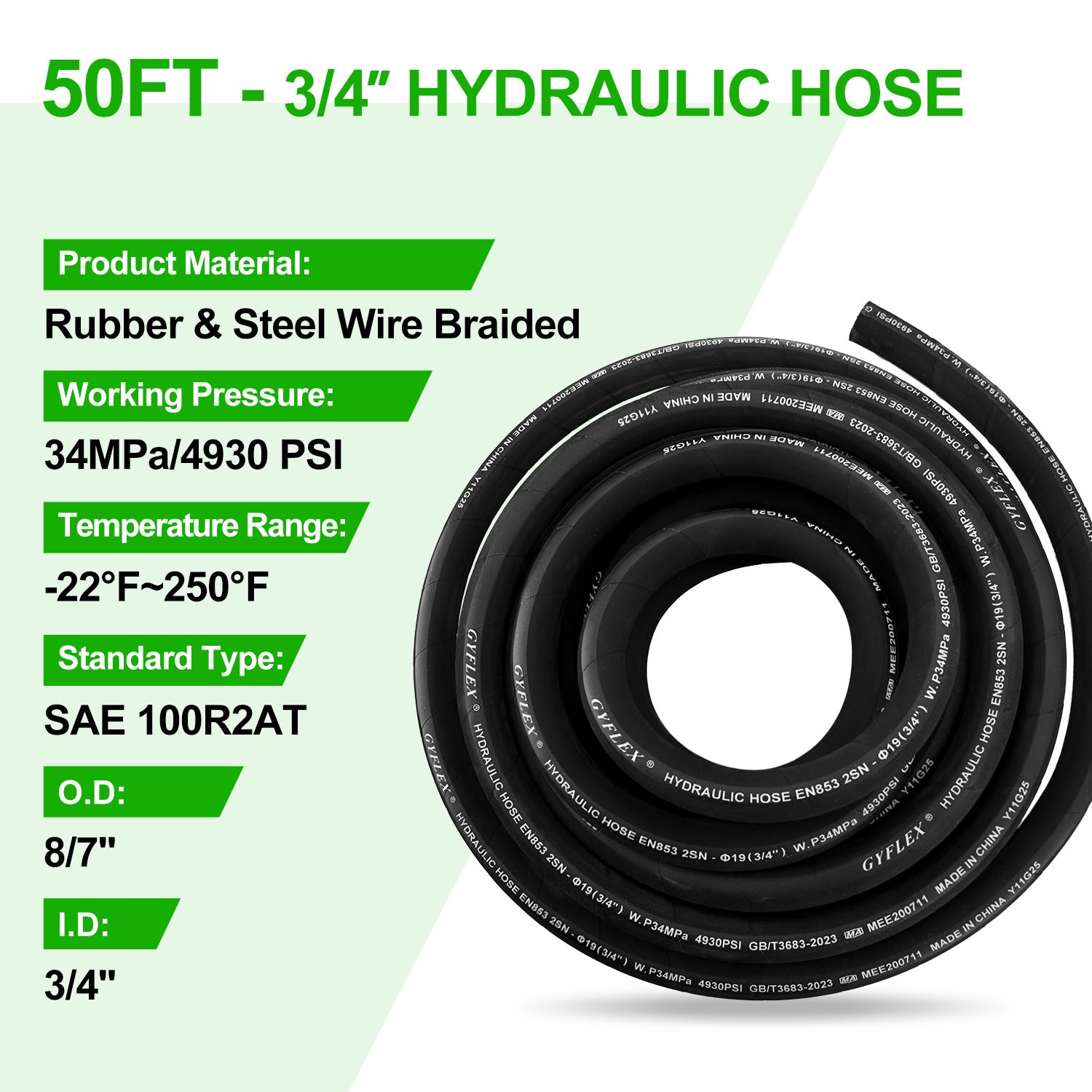 50FT 3/4″ Hydraulic Hose with 12PCS Hydraulic Hose Fittings W.P.34MPa / 4930PSI