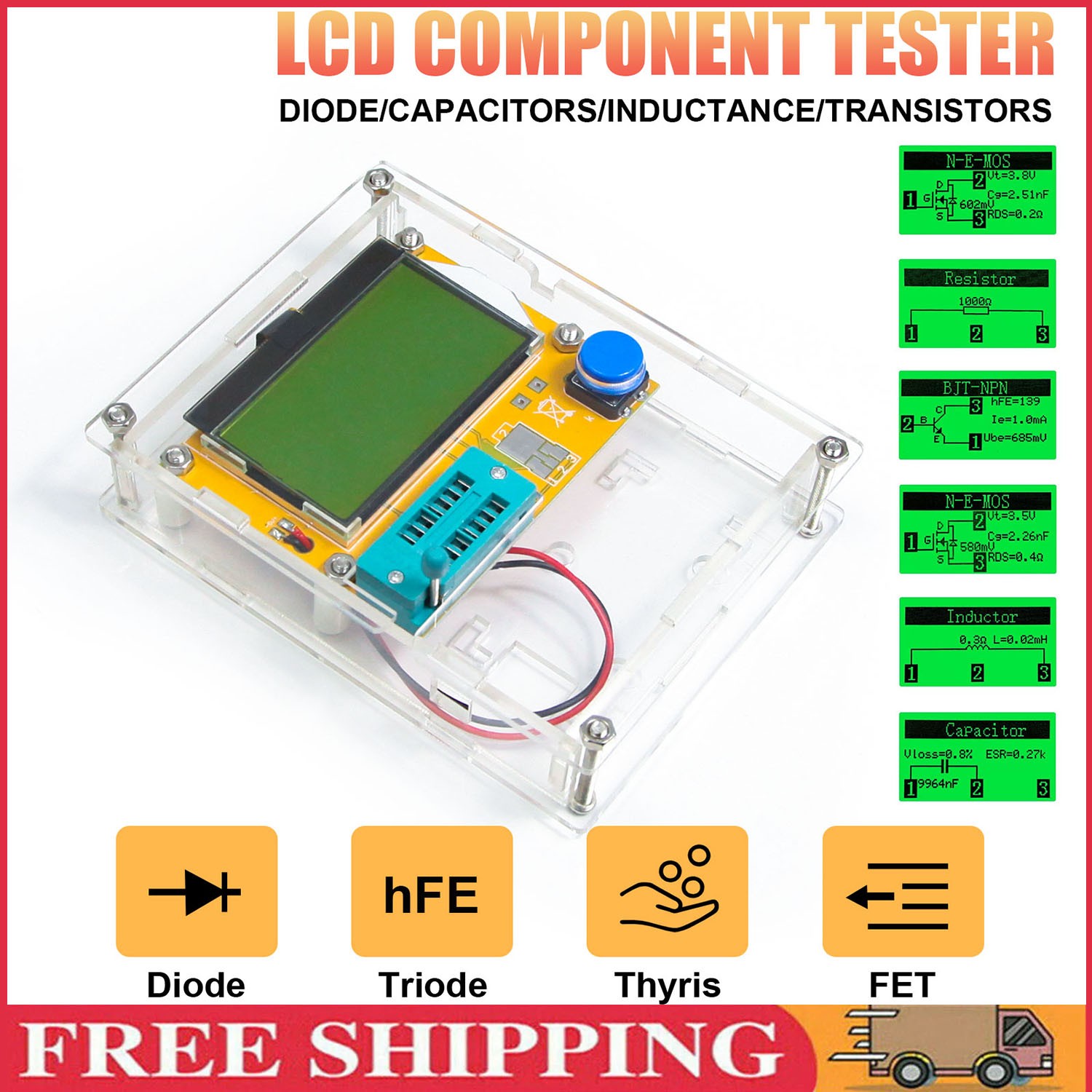 Digital LCD Component Tester Transistor Diode Capacitor Inductor Resistor Meter、