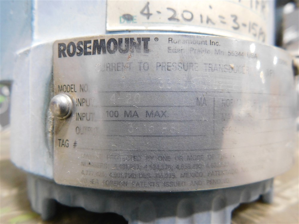 USED Rosemount 3311DS1JTB2F2G4K5 Current to Pressure Transducer 4-20mA 100MA Max