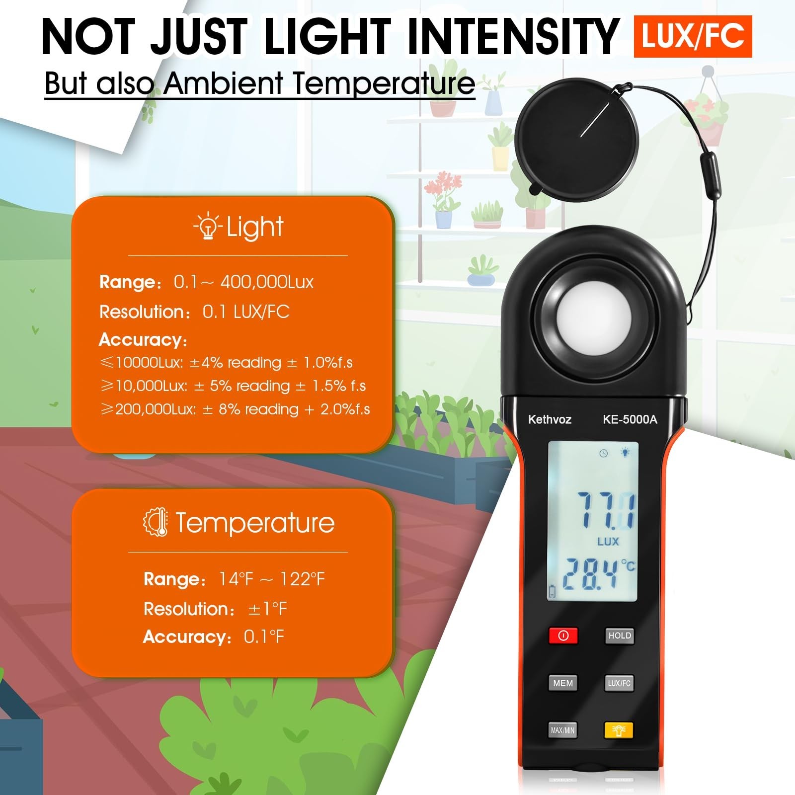 Kethvoz Digital Illuminance Light Meter, 400,000 Lux/FC Illuminance Tester wi…