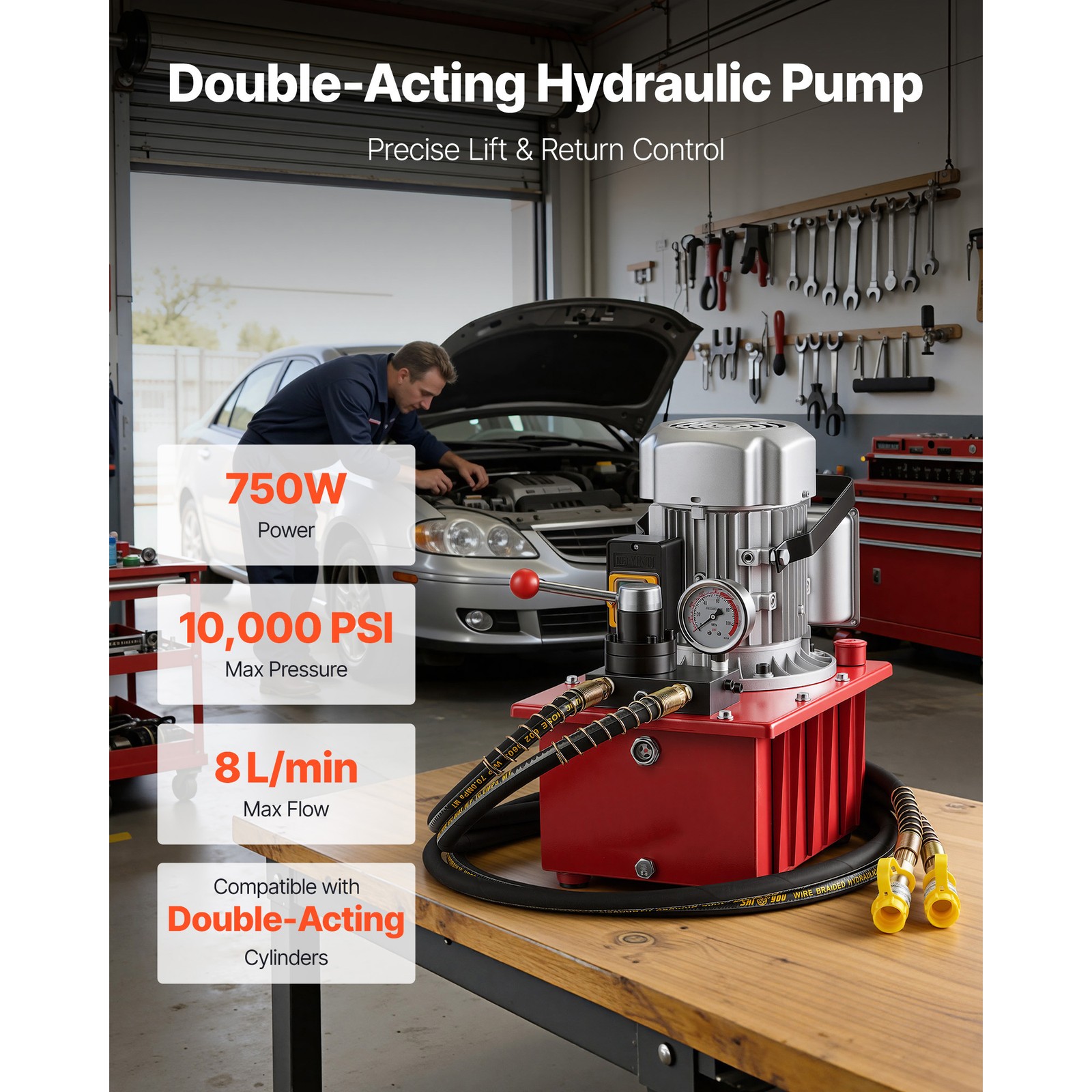 Uimoso Electric Hydraulic Pump 750W 10000 PSI Dual-Action Hydraulic Power Unit