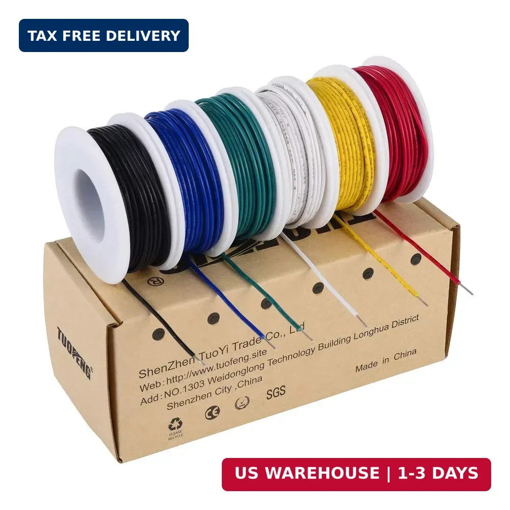 22 AWG Wire Solid Core Hookup Wire, 6 Different Colored Breadboard Wires 30ft Ea