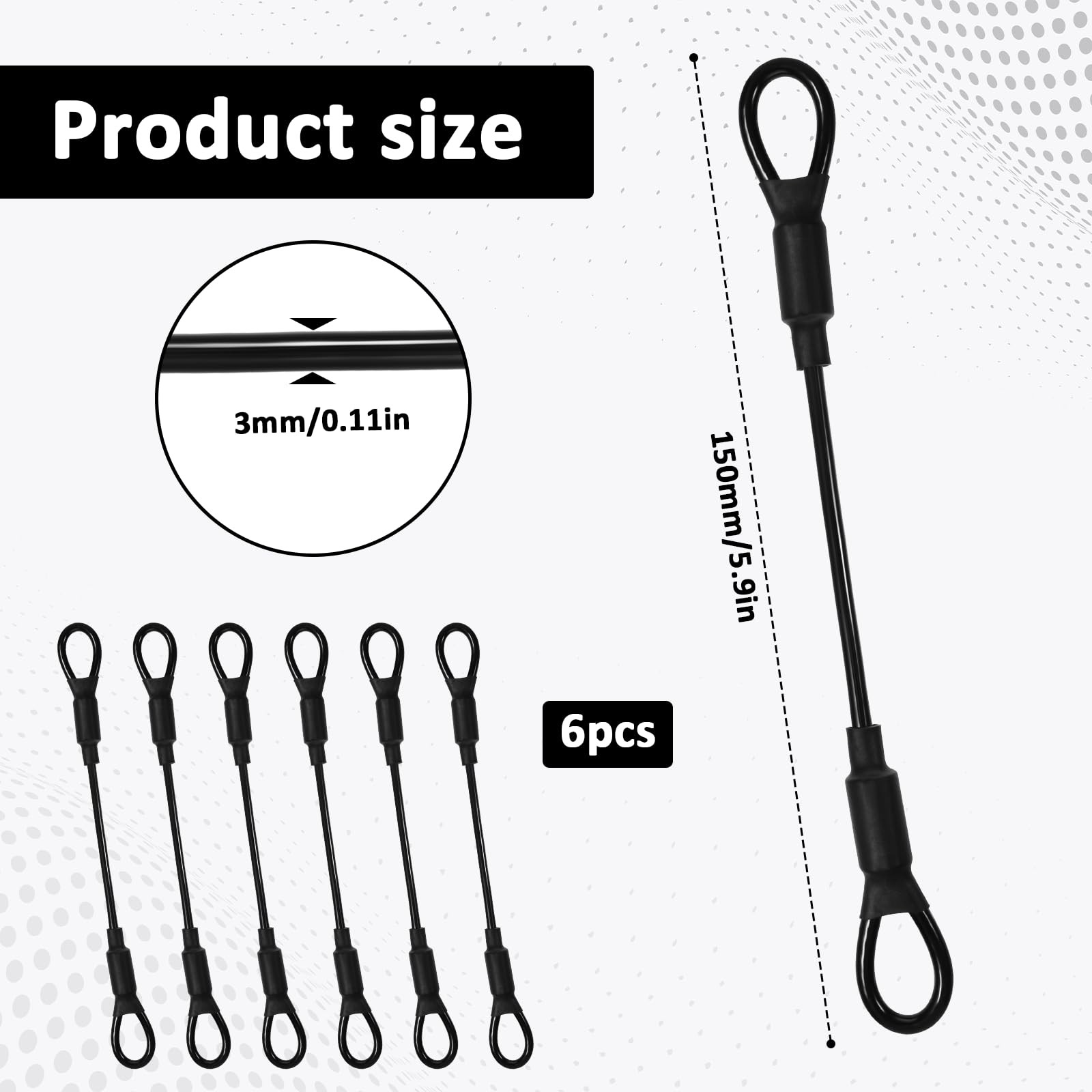6Pack 5.9″ Stainless Steel PVC Coated Safety Wire Rope 150mm x 15mm, black