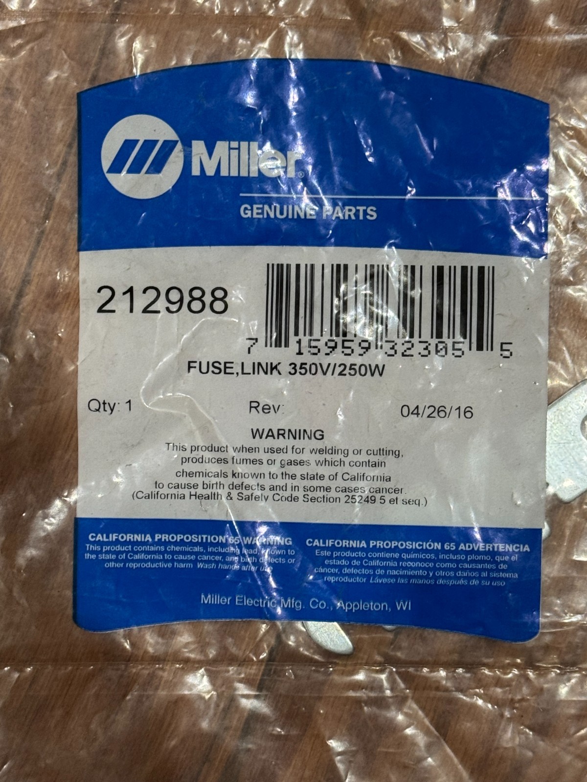 Miller 212988 Fuse, Link 350 Amp 250 Volt **NEW** Fits CP302s **289585