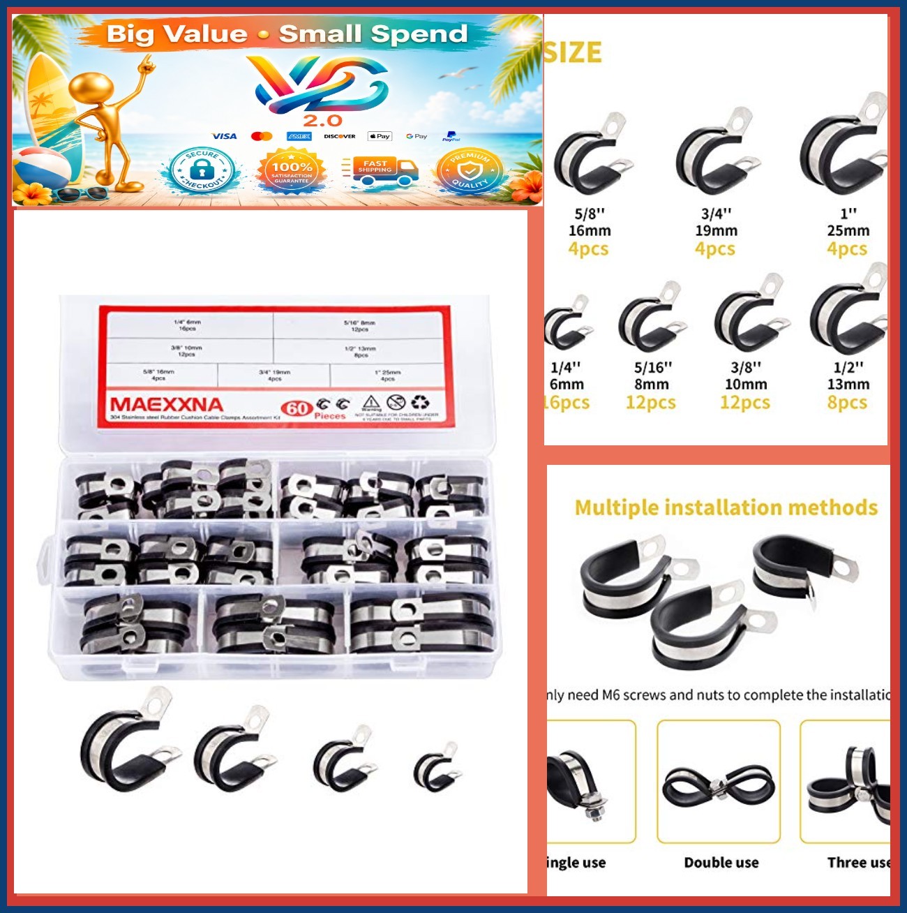 60pcs Stainless Steel Wire Clamps Assortment Kit 7 Sizes 1/4 to 1 Inch Rubber