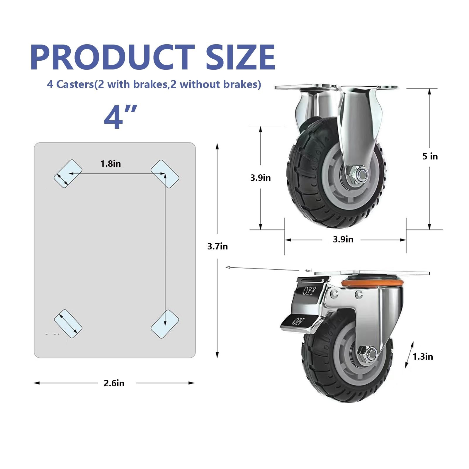 4 Inch Heavy Duty Caster Wheels with Brake, 1320LBS(600KG) Total Load, 2 Fixe…