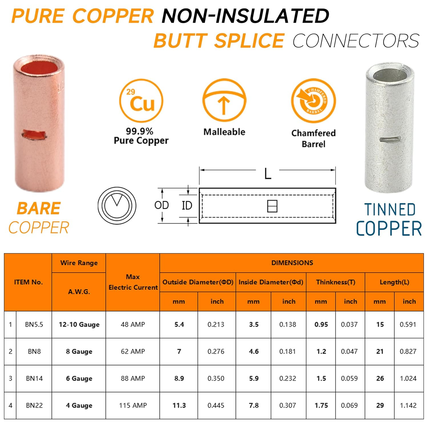 Butt Connectors Kit 132PCS 4/6/8/12-10 Gauge Crimp Butt Splice Wire Connectors N