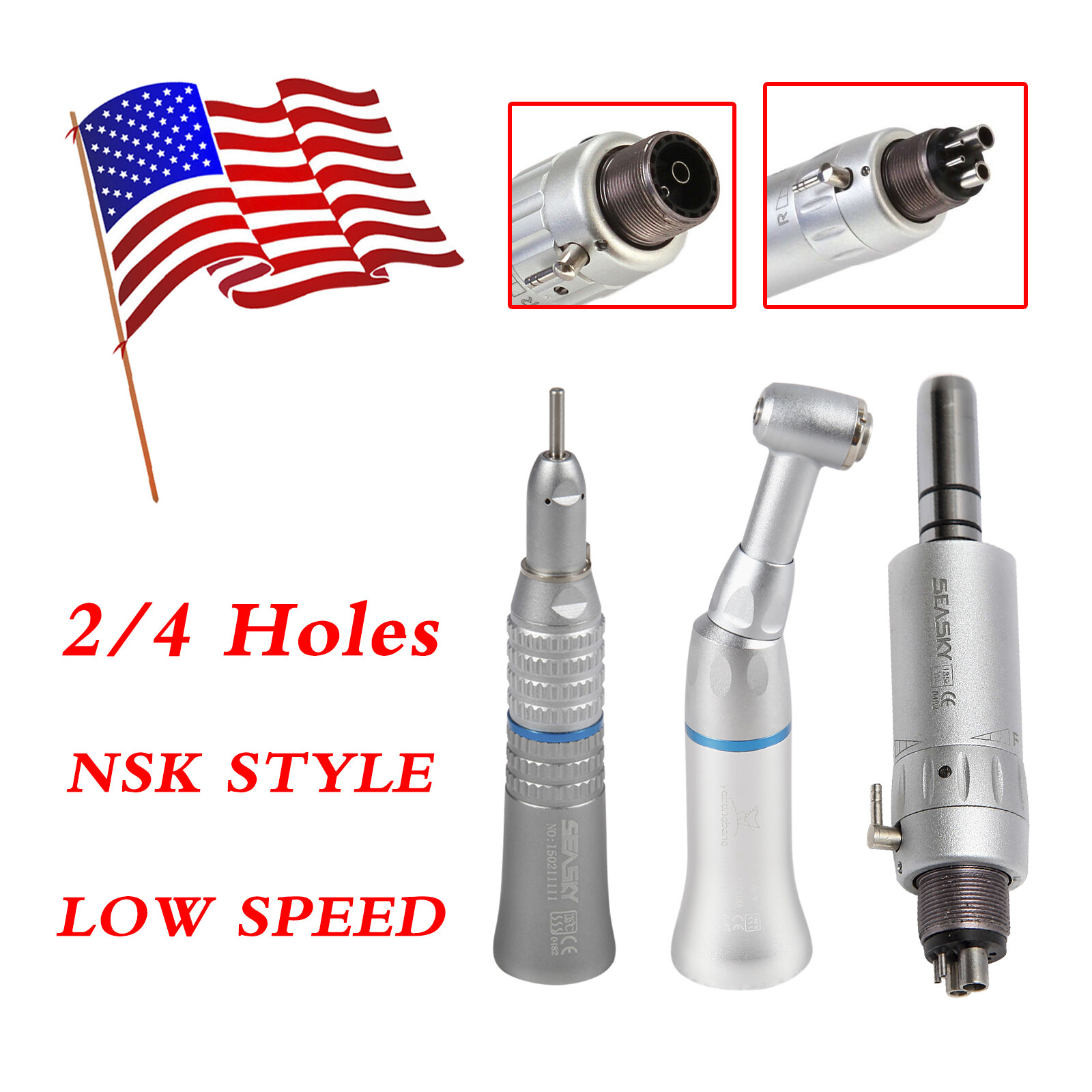 SEASKY Dental Slow Low Speed Handpiece Contra Angle Straight Air Motor 2/4Hole