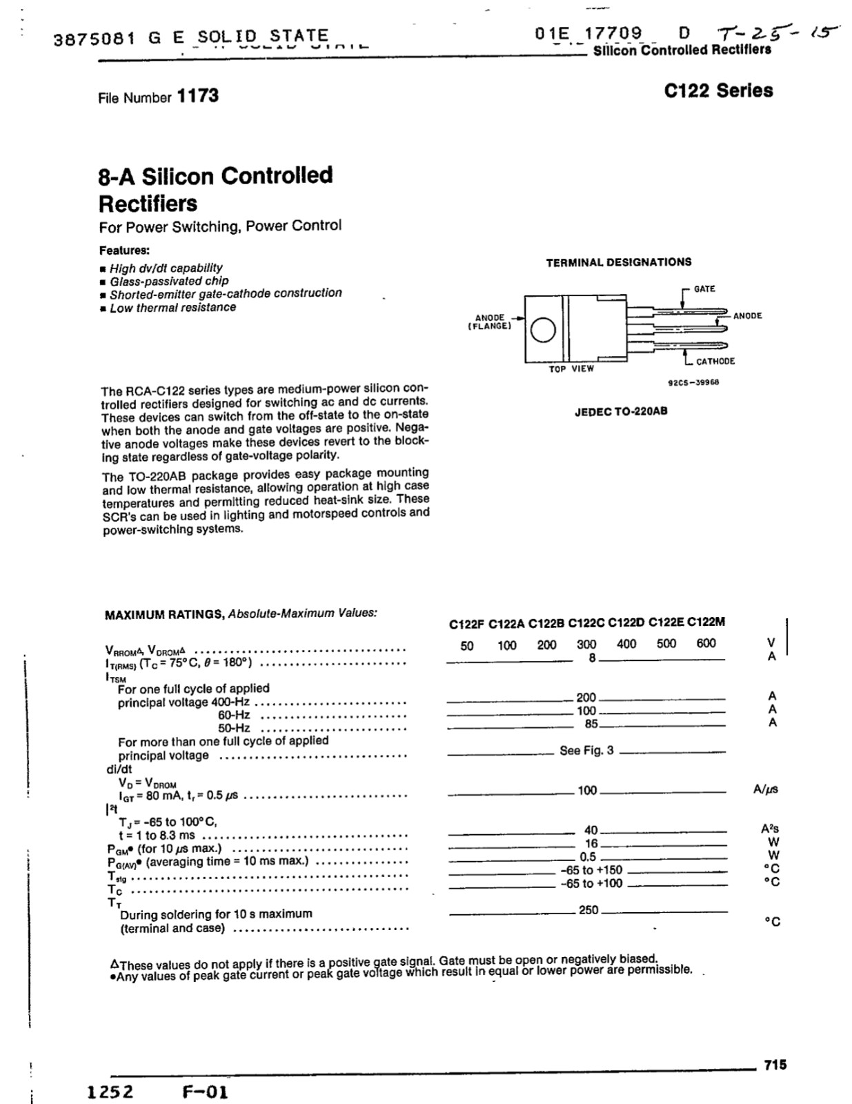 C122F RCA 8A 50V SCR Thyristor TO-220AB
