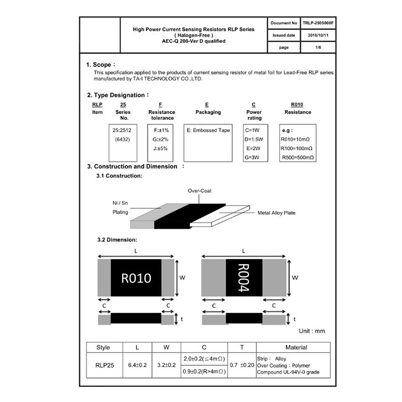 2512 SMD Resistors 1W/2W/3W Chip Resistance Tolerance ±5% Range of 0.001 ~ 0.33Ω