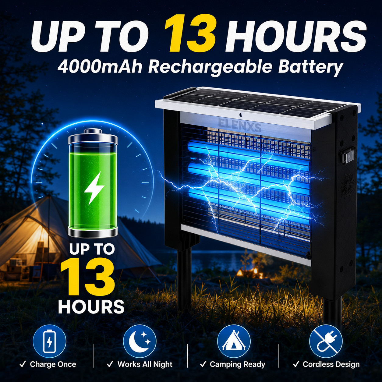 Outdoor Bug Zapper 4500V Solar Mosquito Killer 4000mAh Rechargeable 13H Runtime