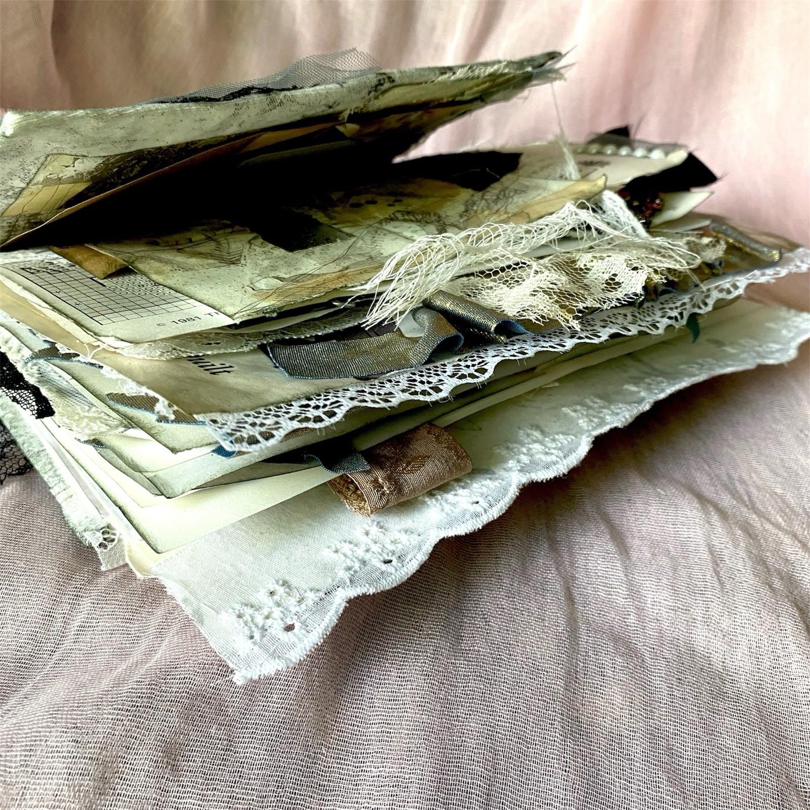 Handmade Authentic Vintage Junk Journal Book 90 Pgs Layered Lace Pockets Diary