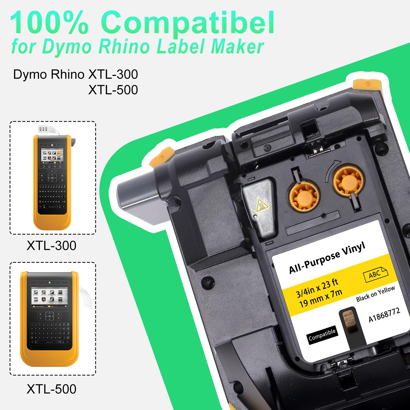 19mm 1868772 Vinyl Label Tape for DYMO XTL-300 XTL-500 Black on Yellow 5pk