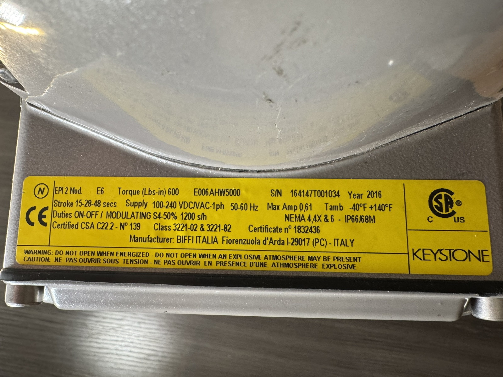 Keystone EPI2 E6 Actuator Butterfly Valve Siemens 4″