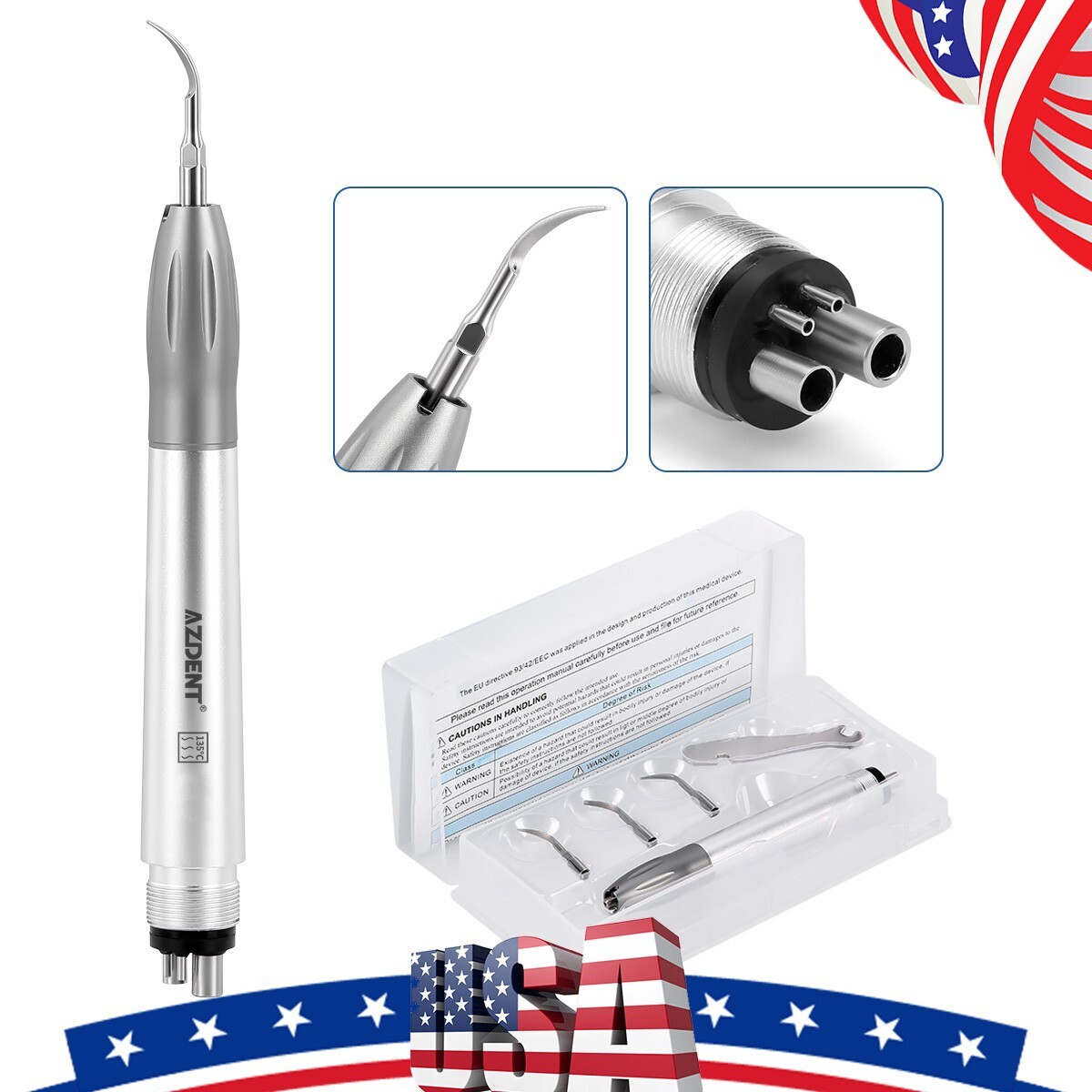 AZDENT Dental Ultrasonic Air Perio Scaler Handpiece 4 Hole with 3 Tips USA