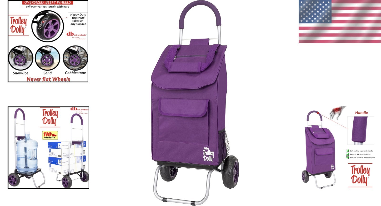 Purple Foldable Shopping Cart with Wheels and Bag