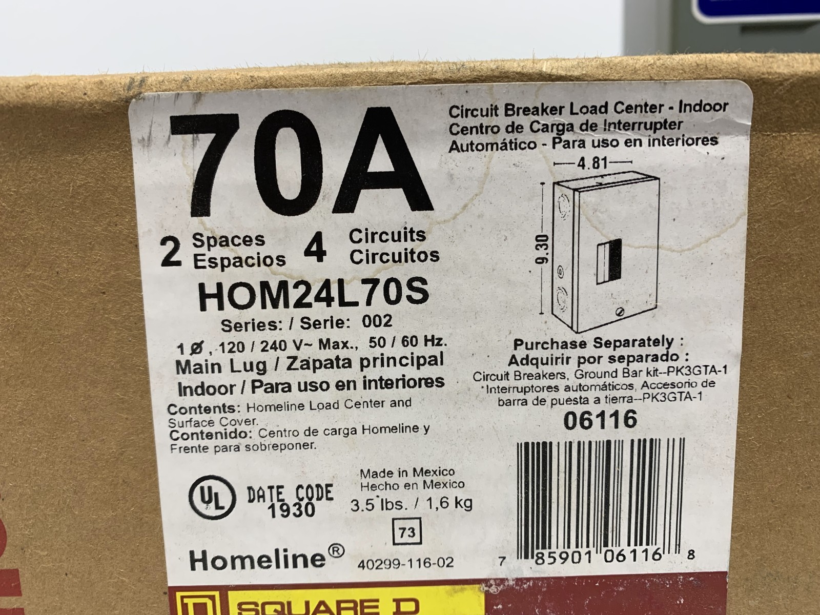 Square D HOM24L70S Circuit Breaker Load Center 240V 50/60 Hz 70 Amp