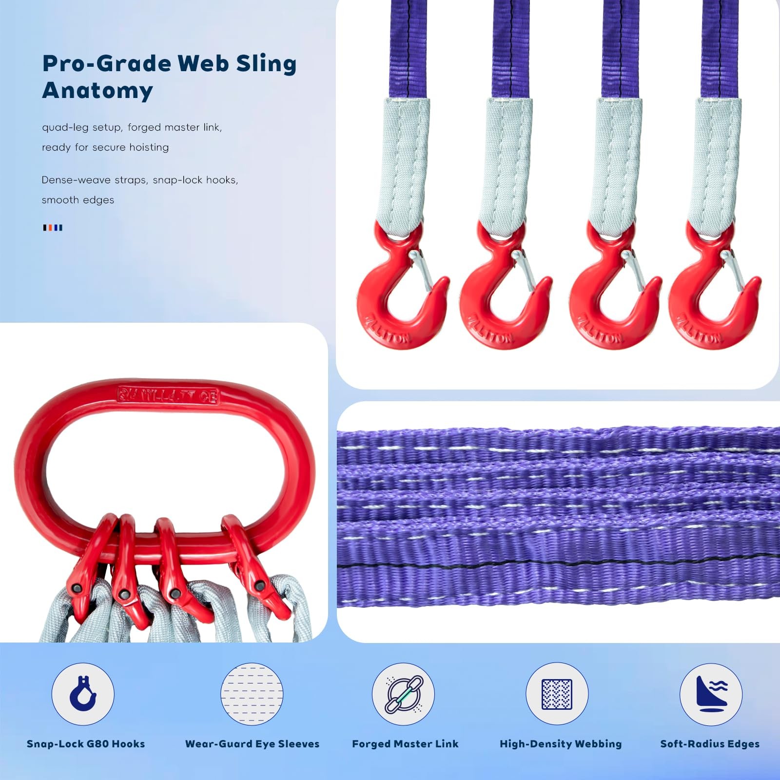 Kivomot 10ft (3m) Polyester Lifting Sling with G80 Hooks and 3 meters, Purple