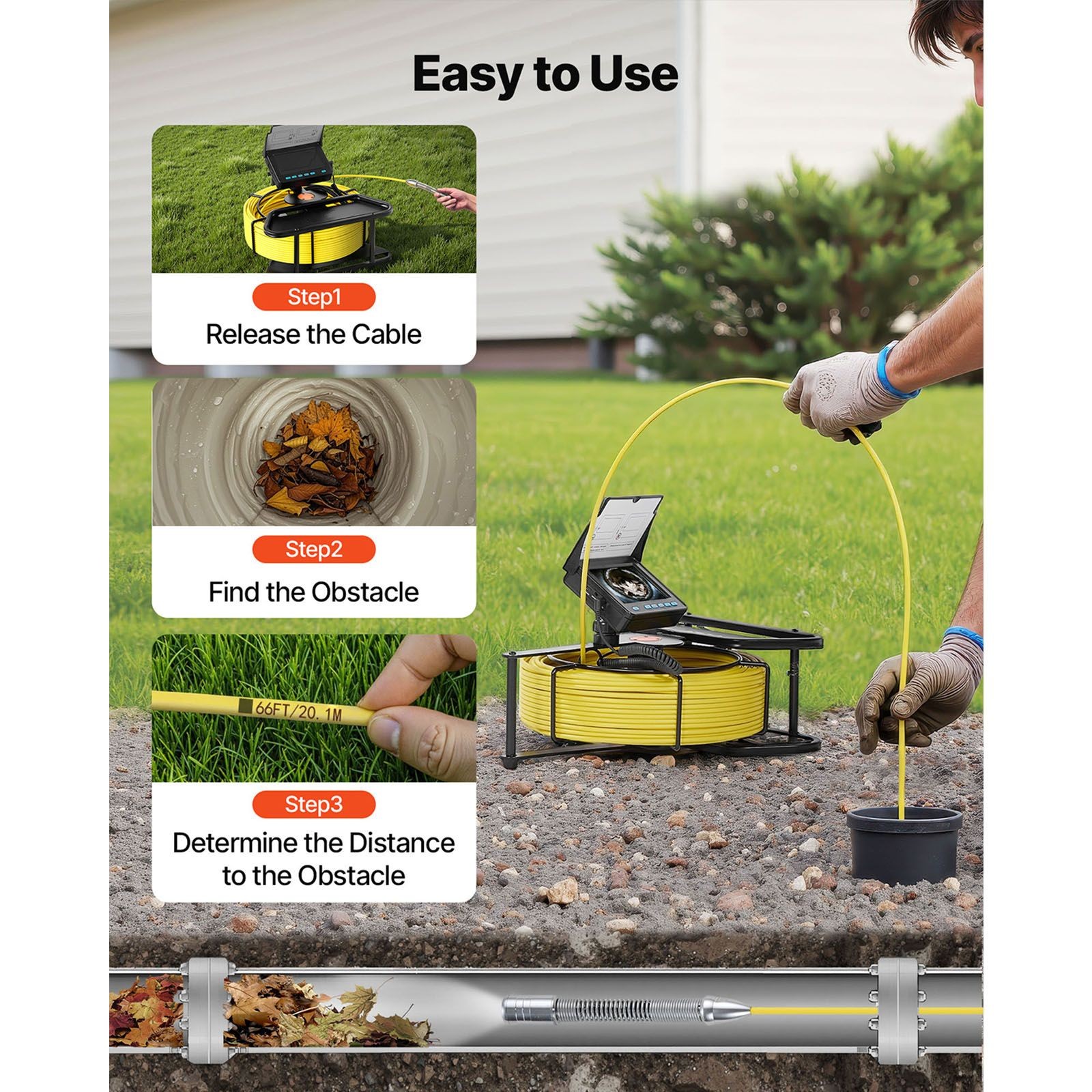 Plumbing Snake Camera 50m 4.3in Display 16GB SD Card 6 Adjustable LEDs