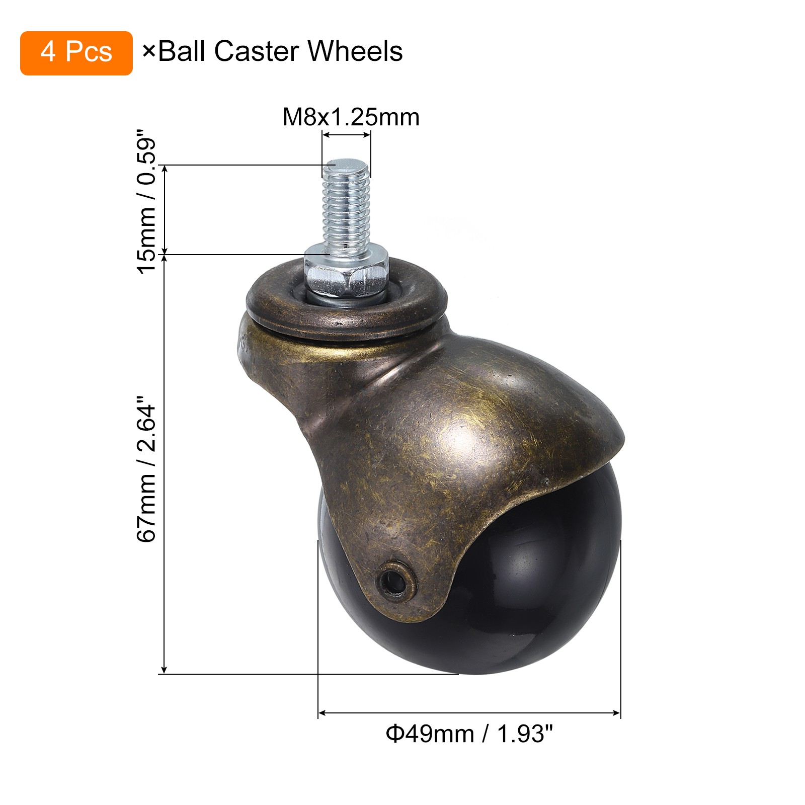 4pcs 2 Inch Ball Caster Wheels Threaded Stem Caster Bronze