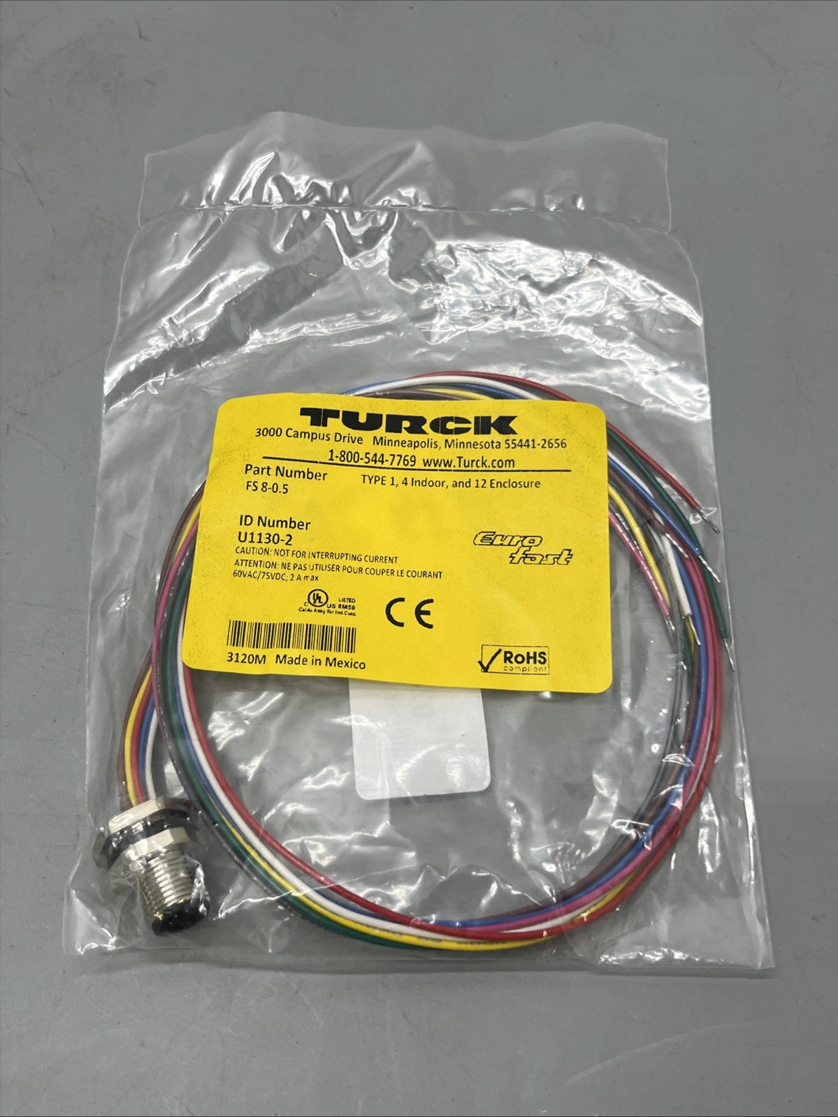 Turck Cable FS 8-0.5 U1130-2 60VAC/75VDC Euro Fast RoHS Compliant