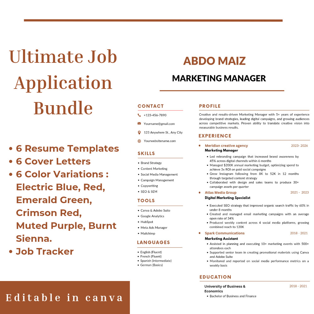 6x Resume Template Bundle Matching Cover Letter Job Tracker Spreadsheet Canva CV