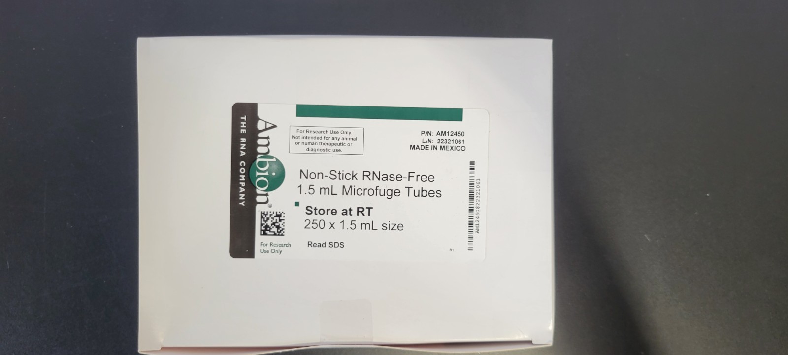 AMBION PP 1.5mL Non-Stick RNase-Free Microfuge Centrifuge Tubes AM12450, 1 box