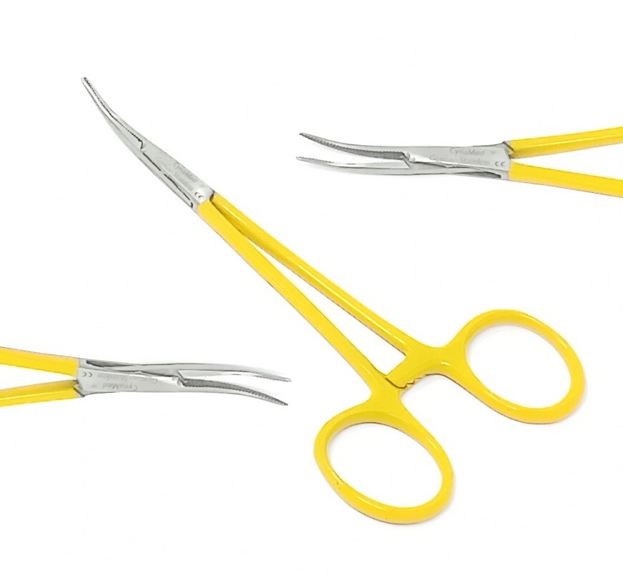 Premium Kelly Hemostat Forceps 5.5″ Curved «Fine» Locking Handle «Yellow» Color