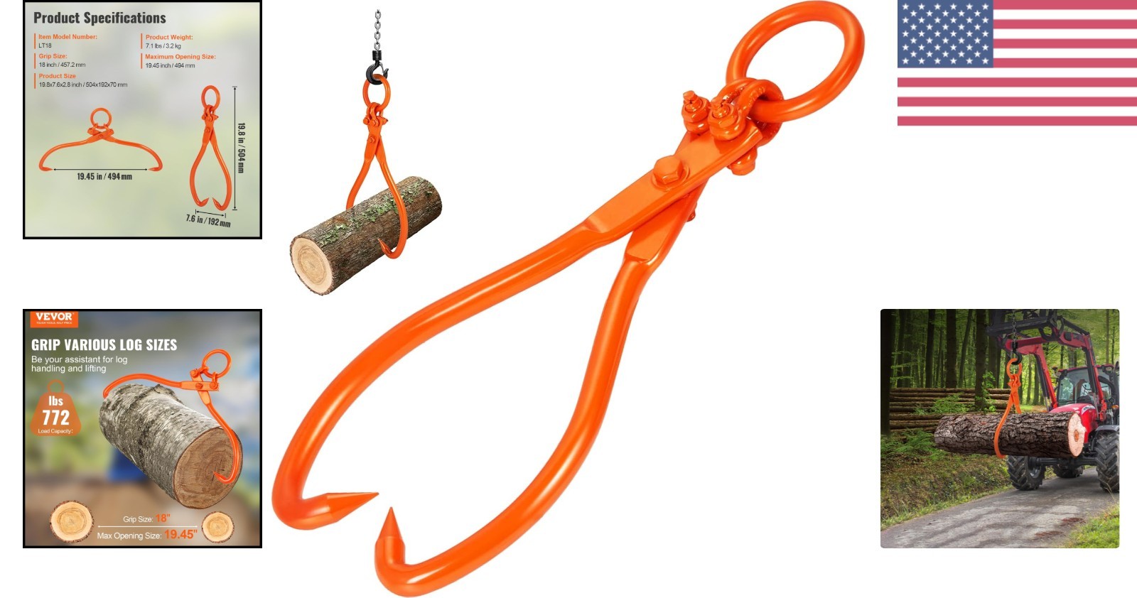 Heavy-Duty Log Lifting Tongs – 772 lbs Capacity, Eagle Claw Grip, 19.45″ Opening