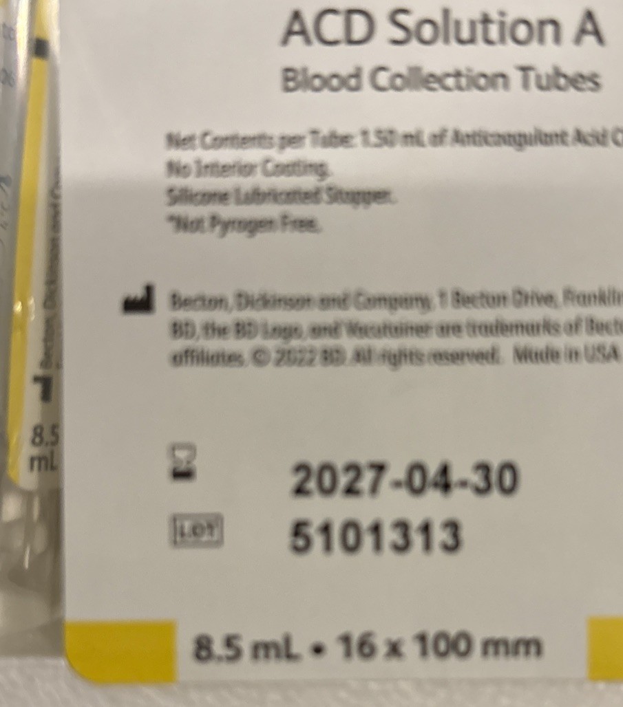 20 ACDA ACD Solution A Glass Test Tubes (Exp. 04/2027) Yellow Top 8.5ml FREE S&H