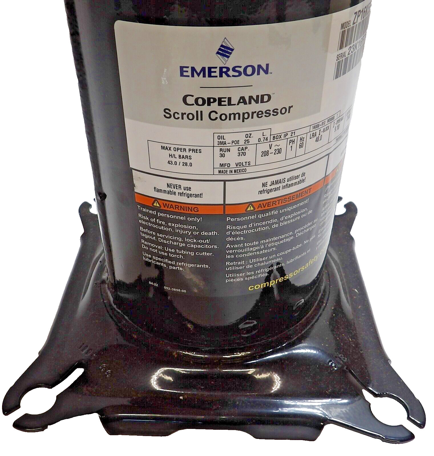 Copeland ZP16K5E-PFV-830 Scroll Compressor 208-230V 1Ph 60Hz 15,500 BTU – NEW!