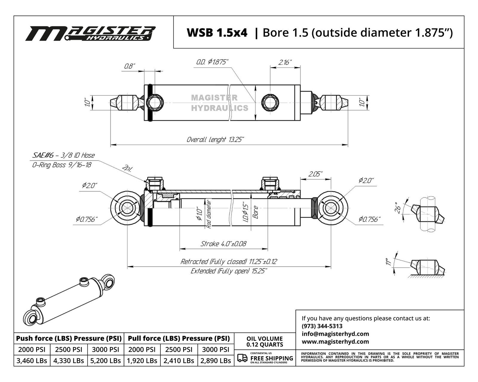 Hydraulic Cylinder Welded Double Acting 1.5″ Bore 4″ Stroke Swivel Ball/Eye