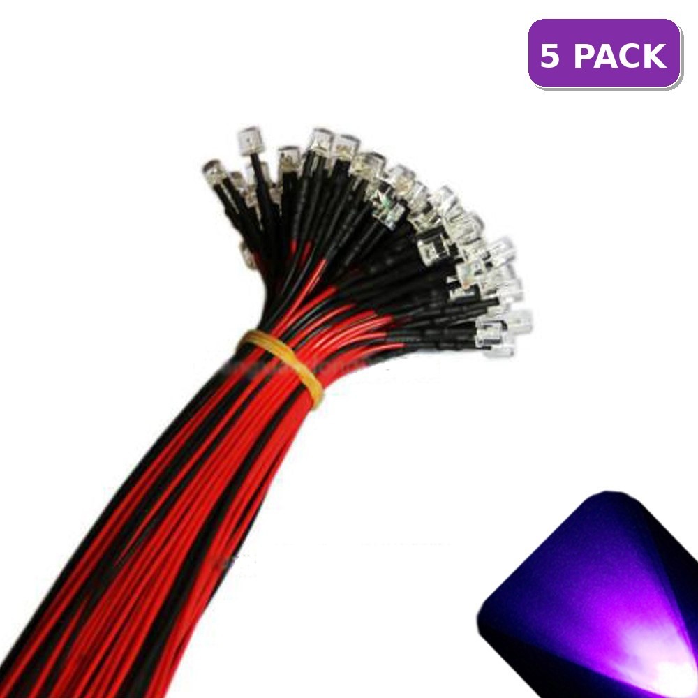 5 x 12v 5mm Flat Top Pre Wired UV Purple LED Wide Angle 13v 14v 15v Prewired