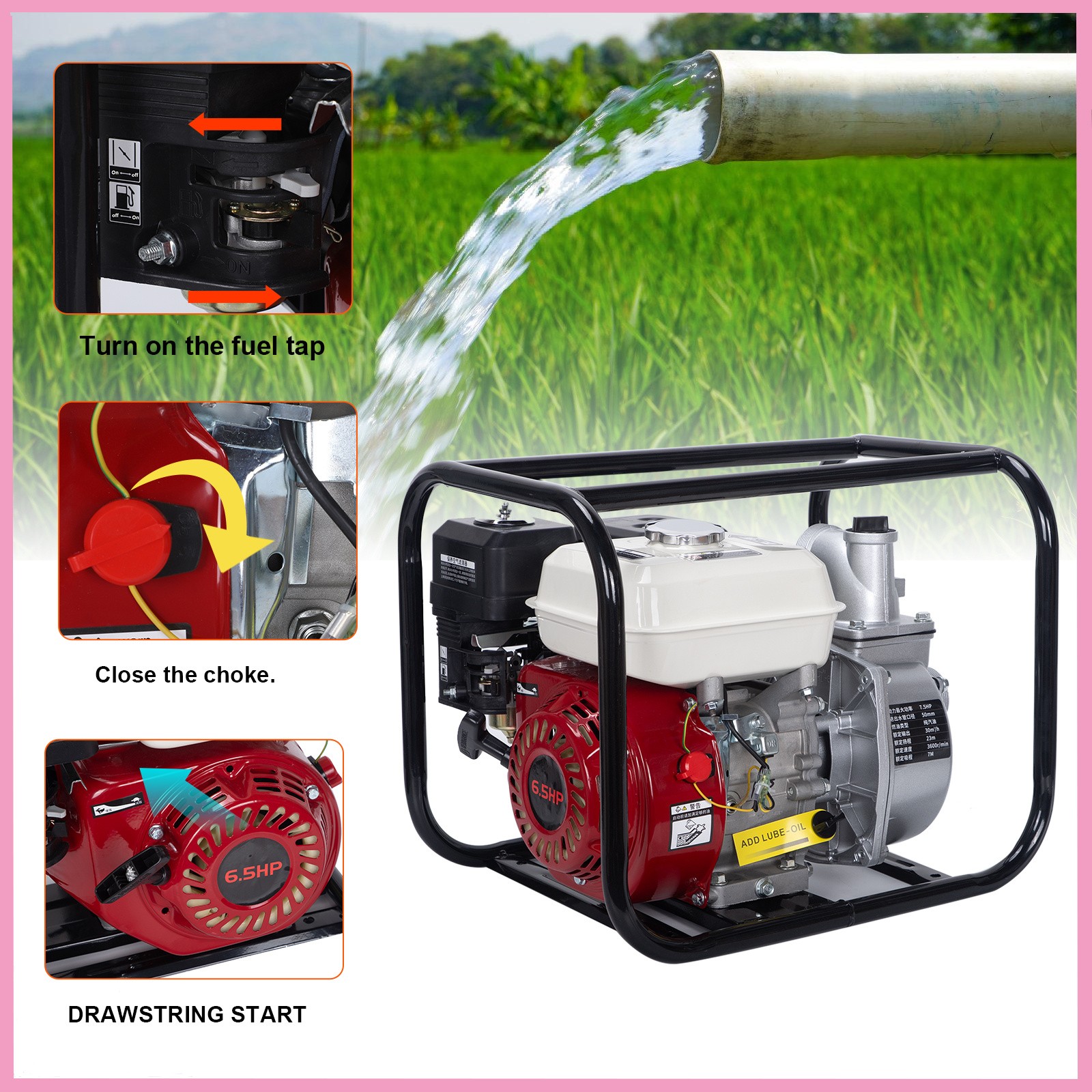 2″ 6.5 HP 4-Stroke Gasoline Semi-Trash Water Pump High-Pressure Transfer Pump