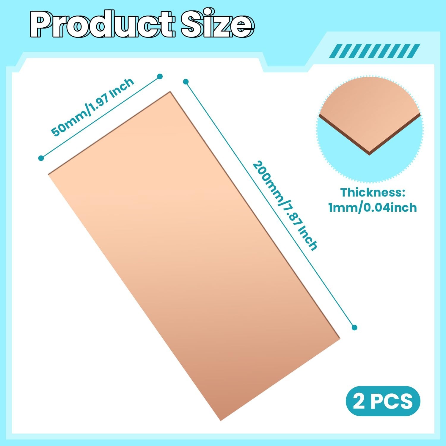 Copper Sheet, 2 Pieces of Copper Plates 8″×2″-18 Gauge(1mm) Thickness, 99%