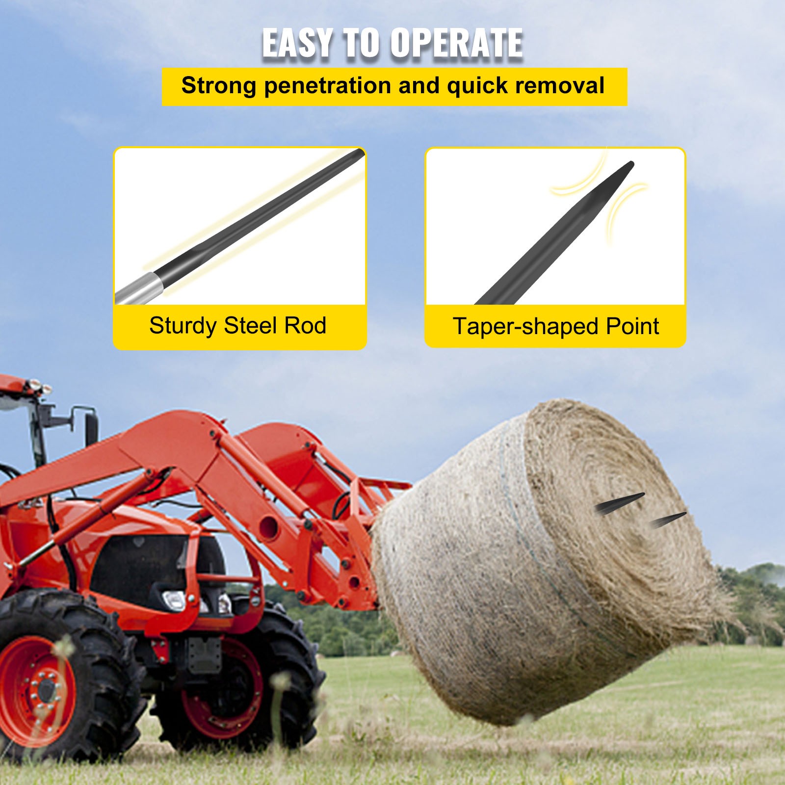 VEVOR Square Hay Bale Spear 39″ 3600 lbs Capacity Spike Fork Tine for Tractors