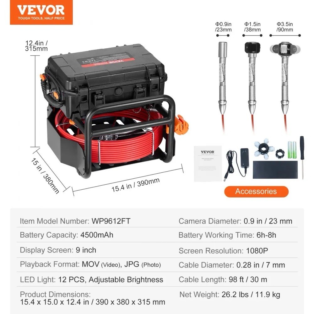 VEVOR Sewer Camera, 98 ft/30m, Self-Leveling Drain Camera with 512Hz WP9612FT