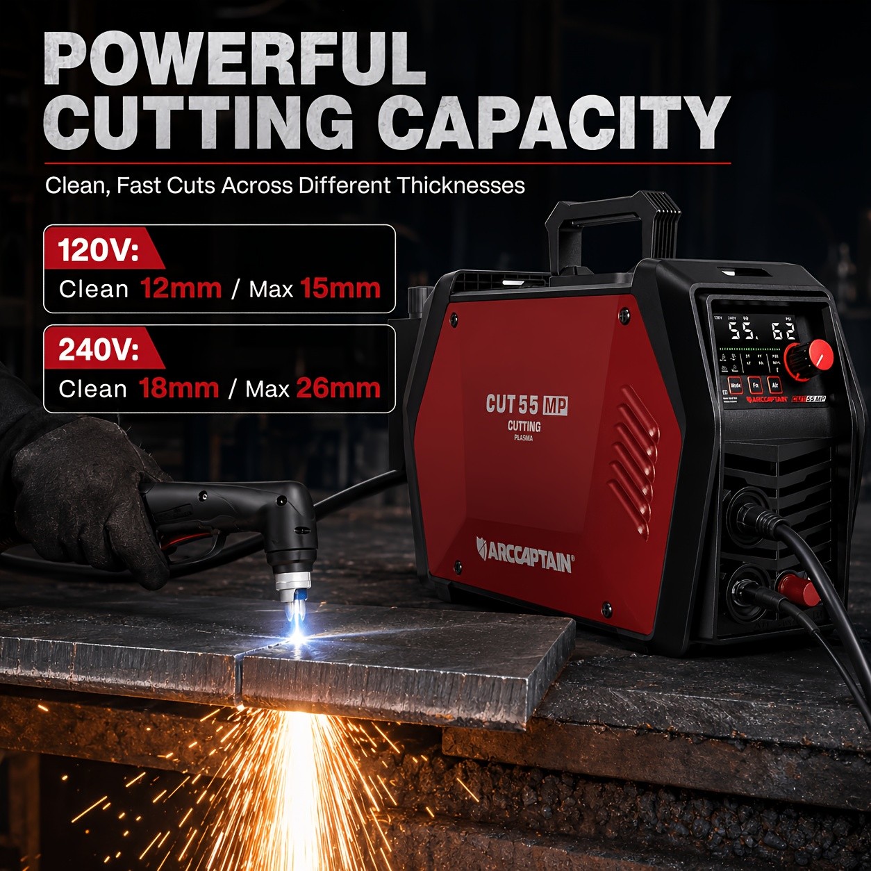 ARCCAPTAIN 55Amp Plasma Cutting Machine, Blowback Pilot Arc Cutter 120V/240V