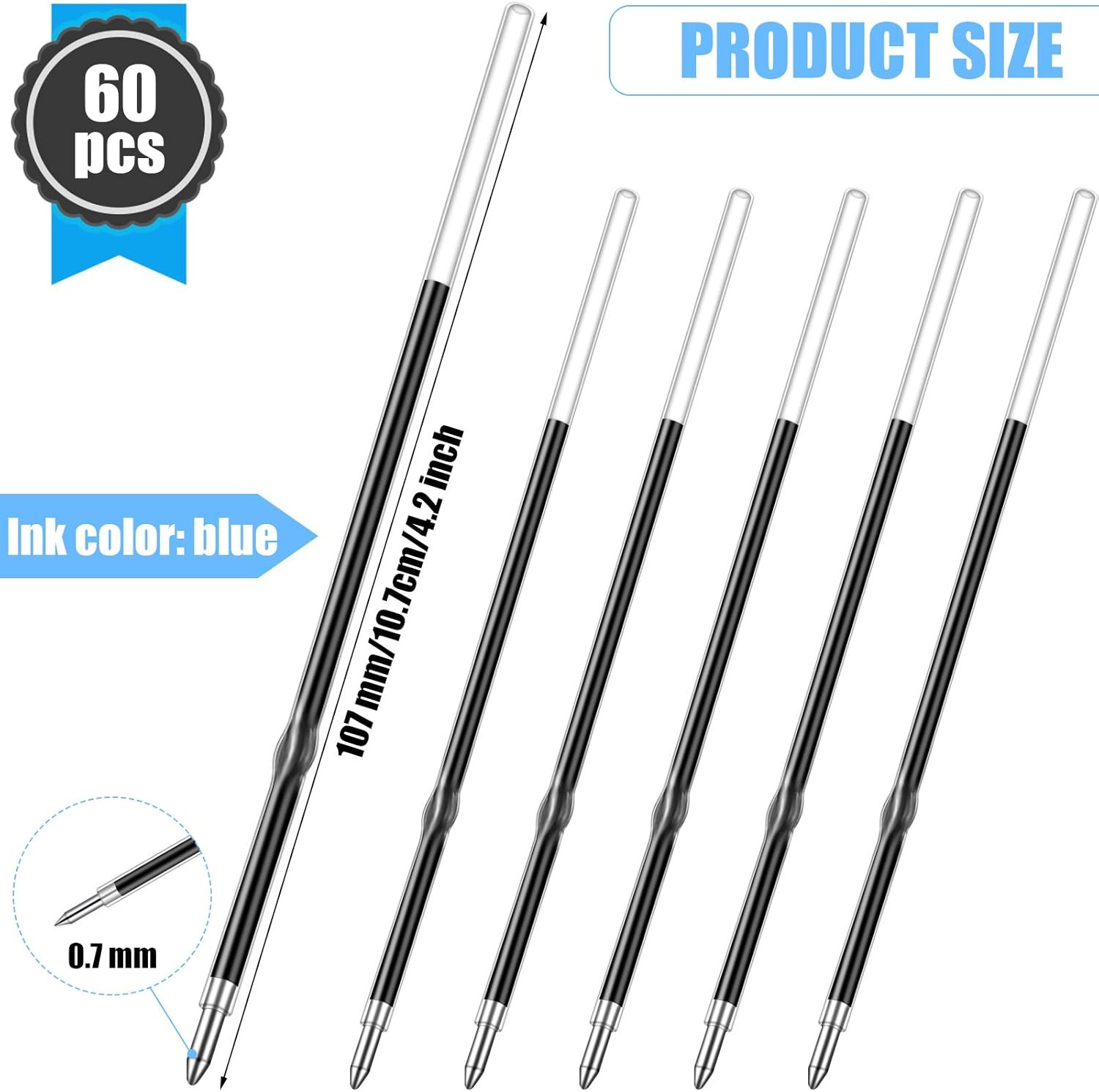 60 Pieces 0.7 mm Retractable Pen Refills Replacement Ballpoint Blue