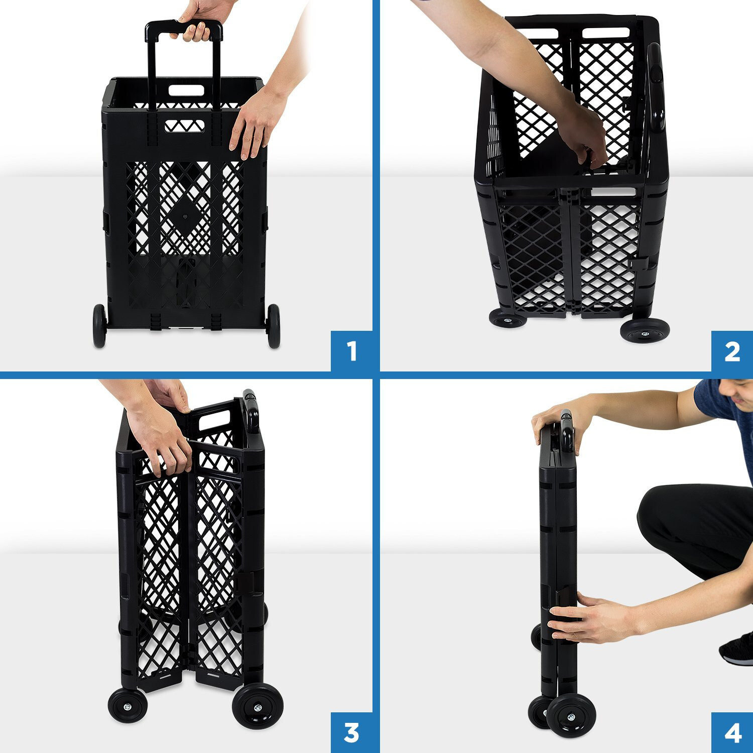 WS8 Mesh Utility Cart Folding Collapsible Hand Crate with Wheels 55 Lbs Capacity