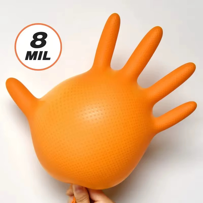 Heavy Duty Orange Nitrile Gloves 8Mil Industrial Disposable Gloves with Diamond