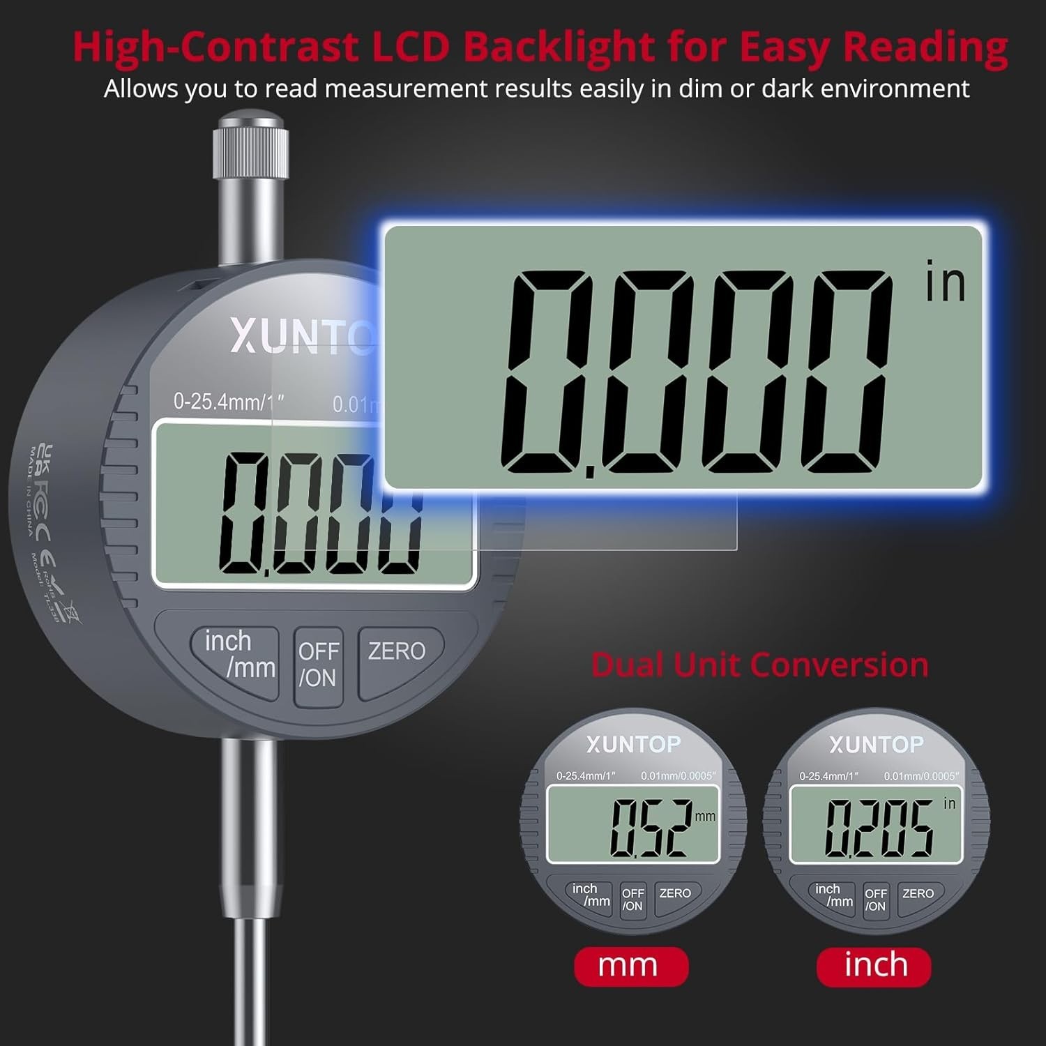 Digital Dial Indicator 1Inch/0.0005Inch LCD Display Electronic Dial Indicat
