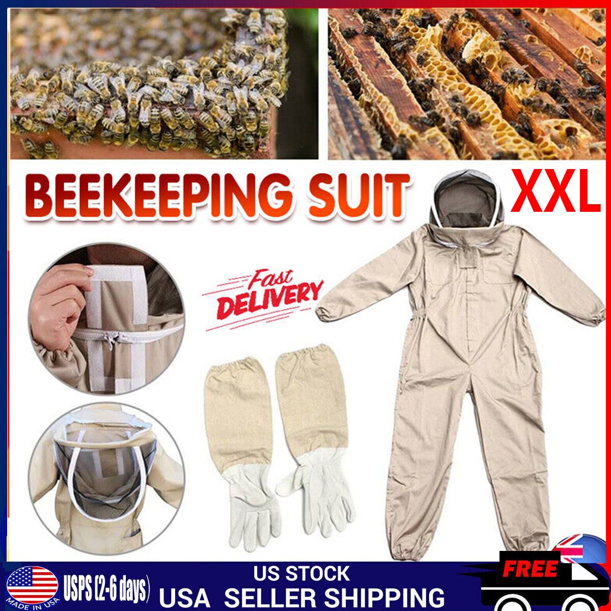 XXL Full Body Anti-bee Suit Cotton Beekeeping Clothing w/Veil Hood&Gloves Unisex