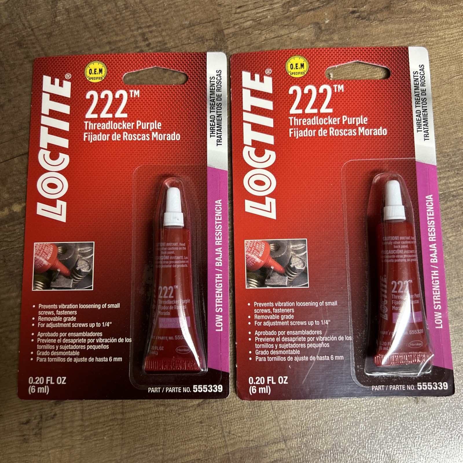 2 Pks Loctite 222 Threadlocker, Purple Low Strength, 6 ml Tube, 555339