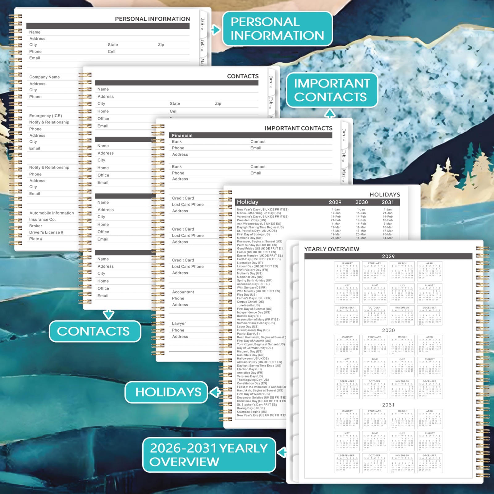 5 Year Monthly Calendar Jan.2026 – Dec.2030, 9″ x 11″ 60 Months with Tabs