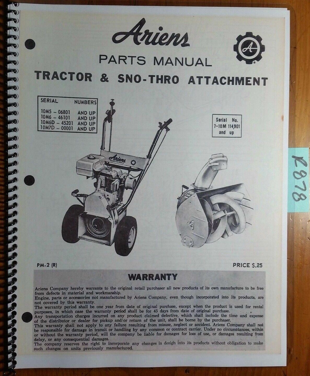 Ariens 10M5 10M6 10M6D 10M7D 7-10M Tractor & Sno-Thro Snowthrower Parts Manual