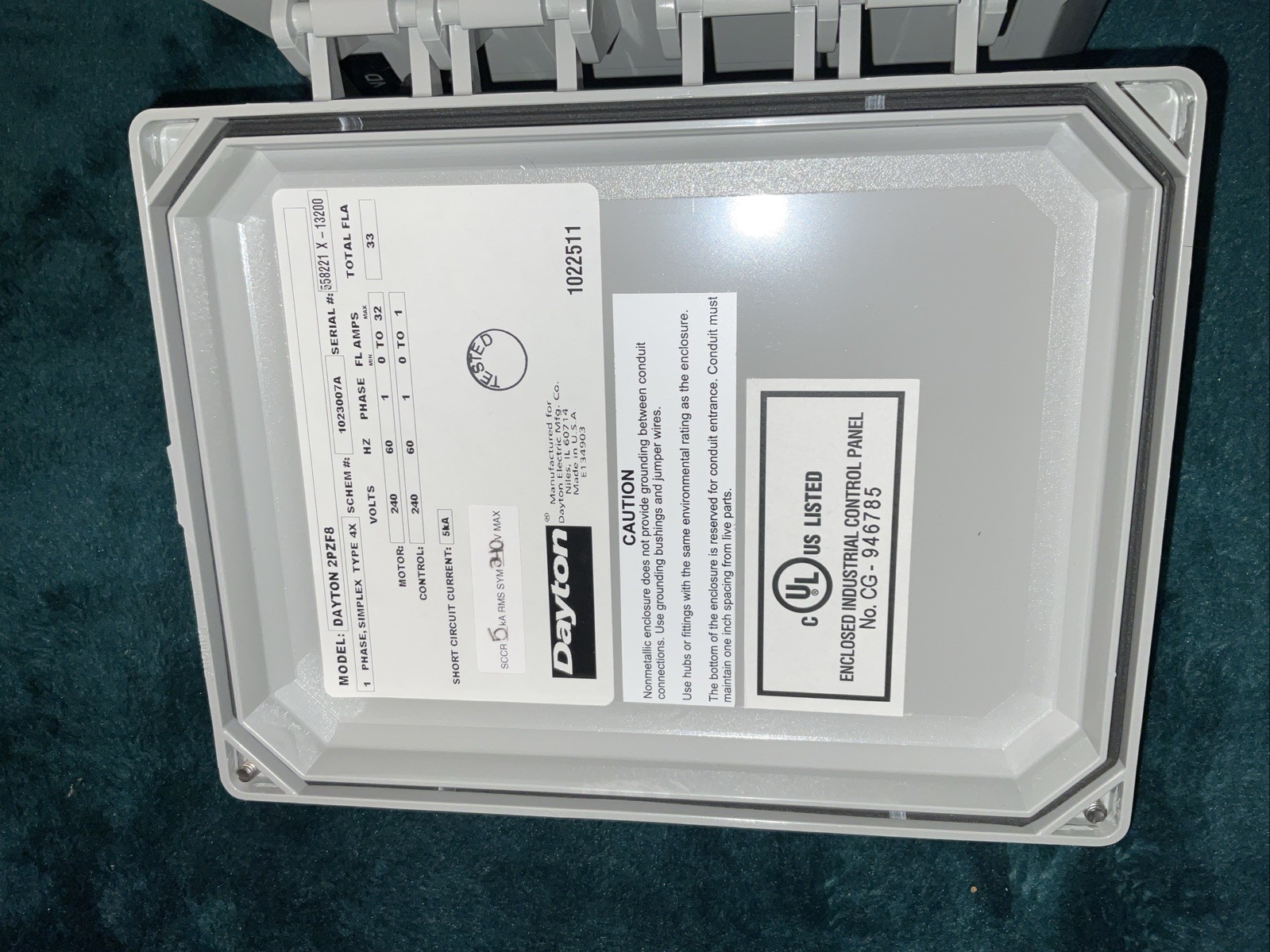 Dayton 2Pzf8 Motor/Pump Control Box, 1 Ph, 240V, 32 Amps